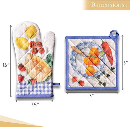 Maison d' Hermine 100% Cotton Oven Mitt & Pot Holder Set (7.5"x13" & 8"x8") Heat Resistant BBQ Cooking Gloves with Loop Baking Grilling Kitchen Hotel Home Farmhouse Spring Summer (Gourmand)