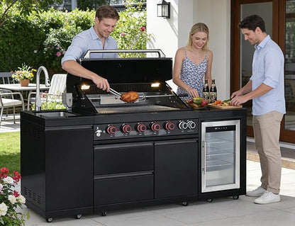 82" Modular Outdoor Kitchen Island with Grill, 6-Burner 83,500 BTU Propane BBQ Island, 304 Stainless Steel, Refrigerator, Sink & Rotisserie, for Backyard and Patio Cooking, Black