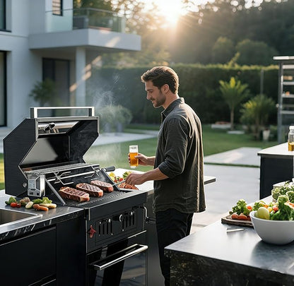 Built In Charcoal Grill, Stainless Steel Charcoal BBQ Grills with Liftable Tray, Visible Insulated Hood & Temp Gauge, 459SQ In Cooking Grid Area for Outdoor Kitchen Cooking Family Parties (Black kit)