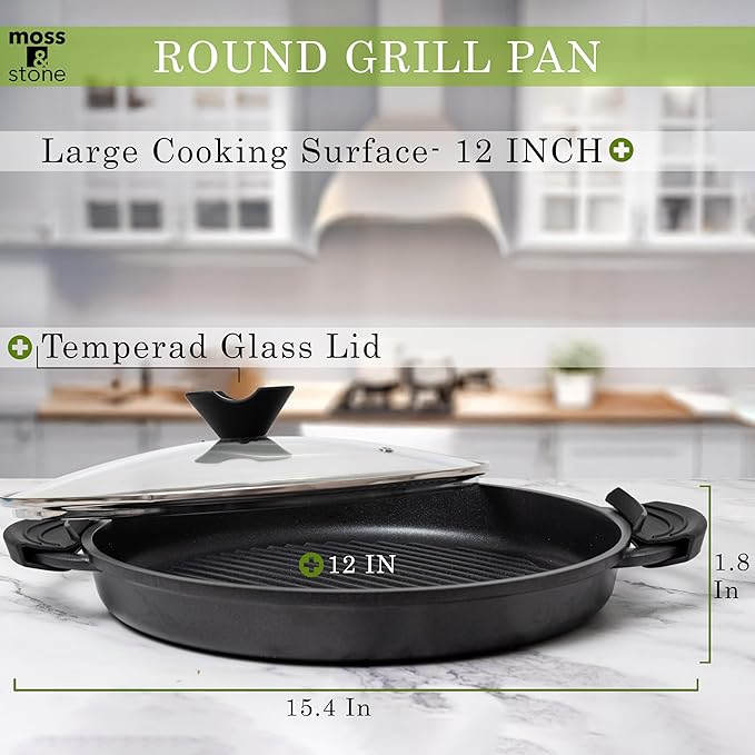 Moss & Stone 12” Nonstick Grill Pan for Indoor Cooking, Cast Aluminum Griddle Pan for Stove Top & Induction, Dishwasher & Oven Safe, Grill Pan with Lid, Silicone Handles, PFOA Free
