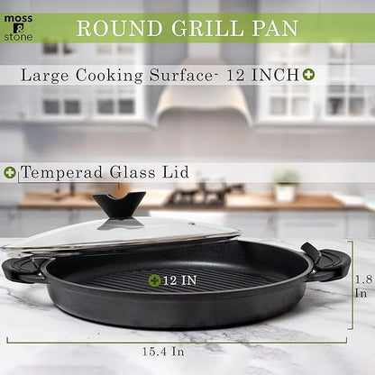 Moss & Stone 12” Nonstick Grill Pan for Indoor Cooking, Cast Aluminum Griddle Pan for Stove Top & Induction, Dishwasher & Oven Safe, Grill Pan with Lid, Silicone Handles, PFOA Free