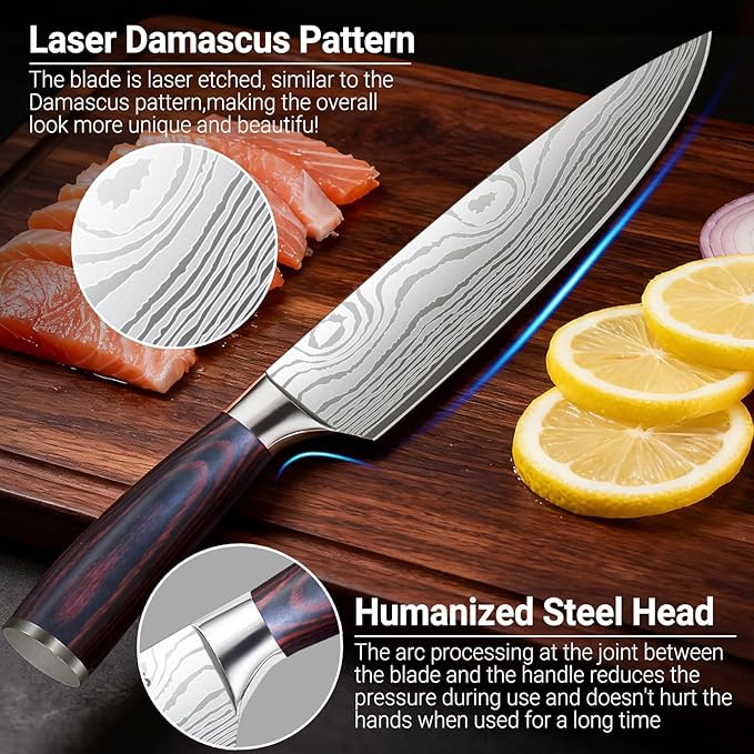 Chef Knife 8 Inch Kitchen Knife - Ultra Sharp Japanese High-Carbon Steel Chefs Knife, Professional Cooking Knives with Ergonomic Wood Handle & Gift Box