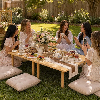 60" x 30" Low Picnic Table with Boho Table Runner Wooden Table with 8 Sturdy Legs Folding Picnic Table for 6 People Backyard Picnic Beach Garden Party Camping