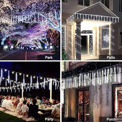 JMEXSUSS Solar Lights Outdoor, 8 Tube 144 LEDs Solar Meteor Shower Lights Outdoor, White Christmas Light for Tree Wedding Xmas Holiday Party Patio Gazebo Decor