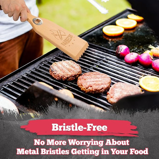 Wood Grill Scraper with Bottle Opener, 15.75" Heavy-Duty Wooden Grill Scraper for Outdoor Grill - One-Piece Solid Beech Wood, Bristle-Free - Natural Wood Grill Grate Brush Cleaner for BBQ