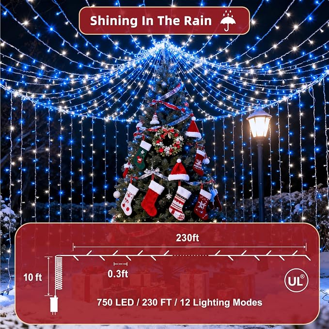 240FT Christmas Lights Outdoor, 750 LED Christmas Tree Decoration Lights with 12 Modes & Timer Memory, Dimmable Plug In Waterproof LED Xmas Light for Yard Trees Wedding Party Holiday Blue & White