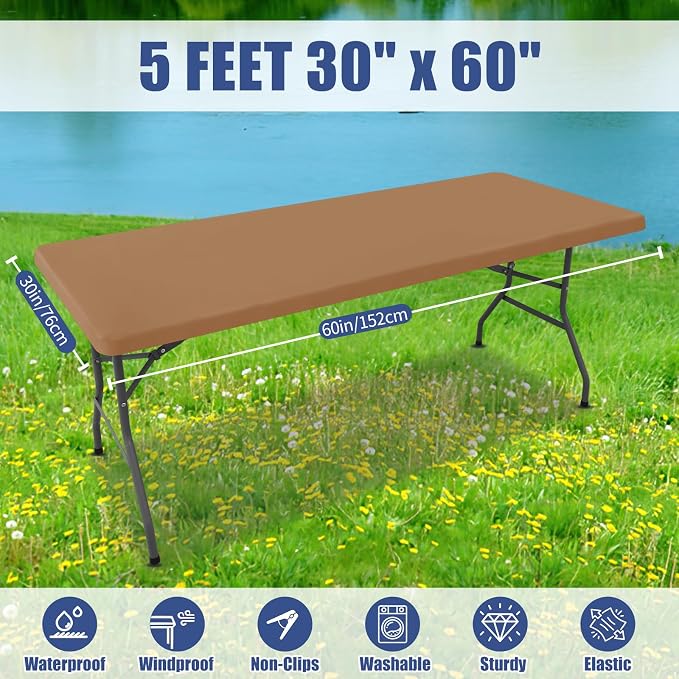 Moosfor Spandex 5 Foot Rectangle Table Cloth, Elastic Fitted Tablecloths for Picnic, Stretch Washable Patio Table Cover for Outdoor, Camping, Banquet and Parties (Light Brown, 30"x60")