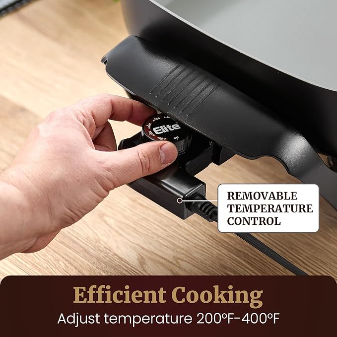 Elite Gourmet PFAS-Free Ceramic Electric Skillet, Extra Deep 12"x12"x3", Less Splatter, Dishwasher Safe, Rapid Heat, EG2313, 1200W, Black