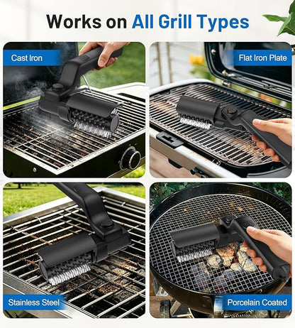 Electric Grill Brush 2-in-1 Automatic Grill Cleaner with Adjustable Angle, Includes 3-Speed Power Motor Stainless Steel & Scouring Pad Heads, Waterproof Cleaning Tool for for BBQ Grates & Griddles