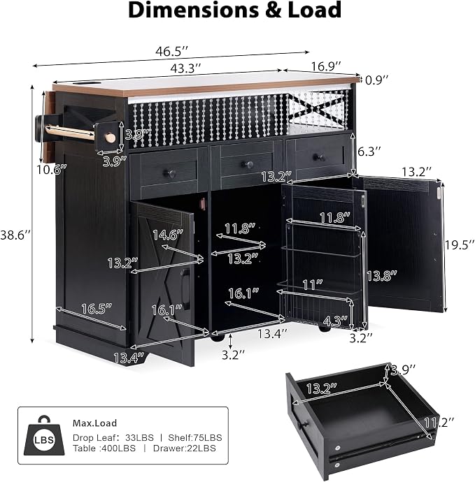 Bellemave 46.5" Farmhouse Kitchen Island cart with Charging Station and with Drape of Beads, Rolling Kitchen Island Table with Drop-Leaf, 3 Drawers, Black
