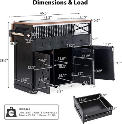 Bellemave 46.5" Farmhouse Kitchen Island cart with Charging Station and with Drape of Beads, Rolling Kitchen Island Table with Drop-Leaf, 3 Drawers, Black