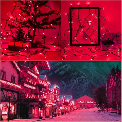 Solar Christmas Halloween String Lights, Red 200Led, Outdoor | 2 Pack Total 400Led 144Ft 8 Mode, IP44 Waterproof Outside Fairy Lights for Tree, Garden, Patio, Lawn, Party, Yard Decorations