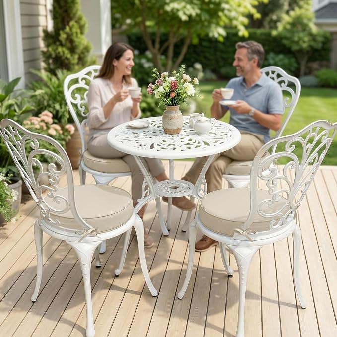 Summsun Outdoor Bistro Chair Cushions Set of 4, 15" D x 3" H Round Chair Cushions Waterproof and Fade Resistant Chair Cushion Pads with Non-Slip Ties and Removable Covers for Garden, Cream