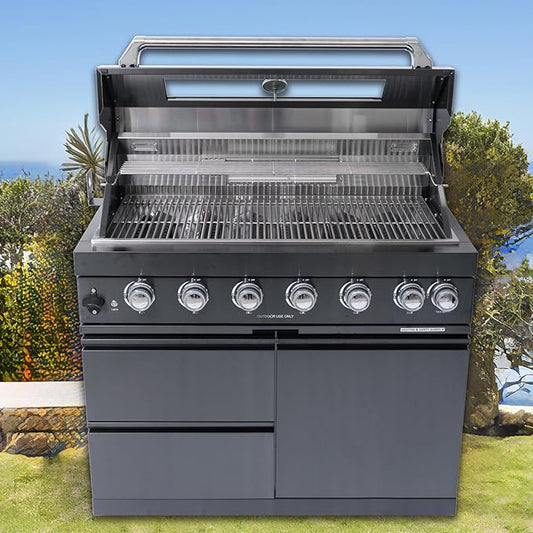 6 Burner Outdoor Kitchen Island with Grill, 85000 BTU Deluxe Stainless Steel Modular Outdoor Kitchen, Gas Propane BBQ Island with Rotisserie, Storage Cabinets & Drawers, 43"W, Black