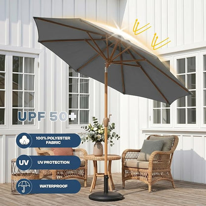 9ft Outdoor Patio Umbrella, Market Table Umbrella with Crank and Easy Push Button Tilt, Wood Grain Frame, UPF 50+ for Pool, Garden, Deck, Backyard