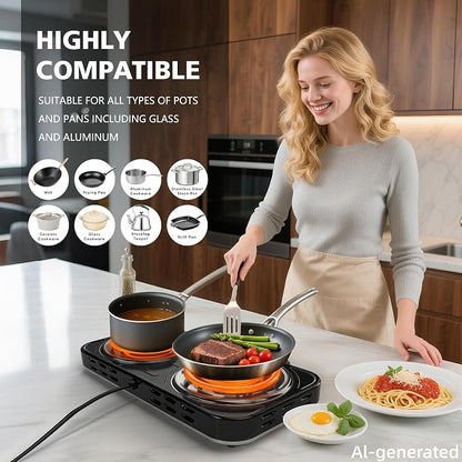 2200W Portable Electric Hot Plate for Cooking, Two Burner Electric Cooktop,Double Coil Electric Burner, Electric Stove with 2 Burner,Adjustable Temperature Control，White