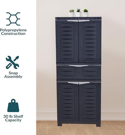Sunnydaze 57" H Resin Garage Storage Cabinet - Garage Cabinet with 2 Adjustable Shelves - Freestanding Utility Storage for Laundry Room, Office, Basement - Charcoal