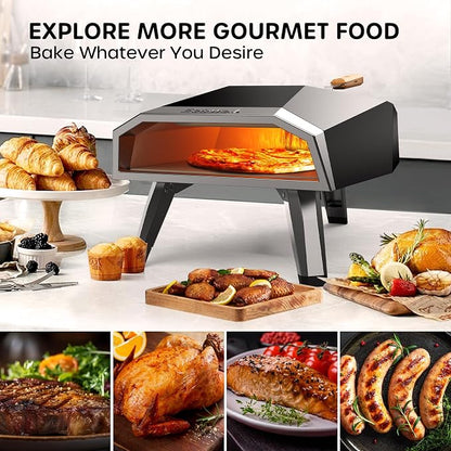 ECOWELL 12" Pizza Oven Outdoor Wood Fired, Outside Pellet Pizza Oven | with Pizza Stone/Peel/Cutter, Infrared Thermometer and Portable Cover, Black