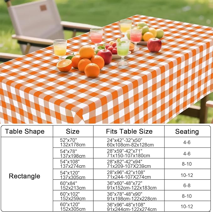 Smiry Picnic Table Cloth, Vinyl Tablecloths with Flannel Backing, 60"x144" | Waterproof Rectangle Table Cloth, Wipeable Buffalo Plaid Table Cover for Indoor and Outdoor (Orange & White)