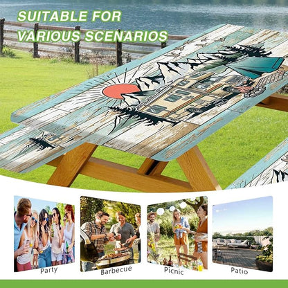 JAWO Camper RV Picnic Table Cover with Bench Covers, Happy Camper RV Essentials Gear Supplies Outdoor Waterproof Windproof Tablecloth with Elastic, 30X60in