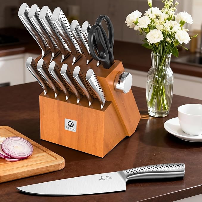 imarku 14-Piece Knife Set with Block, One Set for Meat, Fish, Veggies & Bread, Glides Through Every Cut, High Carbon Stainless Steel with Built-in Sharpener, Dishwasher Safe,Ergonomic Non-Slip Handle