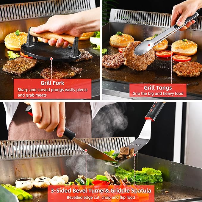 VIKEYHOME Griddle Accessories Kit, 28 Pcs Flat Top Grill Accessories Set for Blackstone, Professional Grill BBQ Spatula Set with Basting Cover, Spatula, Scraper, Bottle, Tongs, Egg Ring