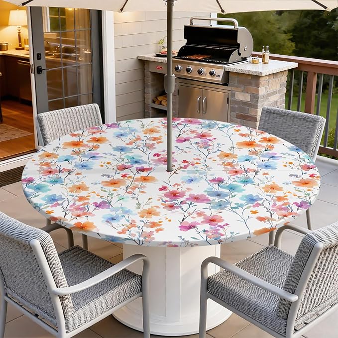 Outdoor Tablecloth with Umbrella Hole and Zipper Fits 49-52" Tables | Waterproof Round Fitted Tablecloth with Elastic Edge, Wipeable Outdoor Table Cover for Patio, Garden, Picnic
