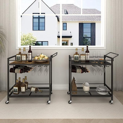 LAATOOREE Home Bar Serving Cart, Mobile Drink Beverage Cart with Two-Color Top Shelf, Rolling Kitchen Cart with Wine Holder and Glass Holder, for Dinning Room, Living Room, Kitchen