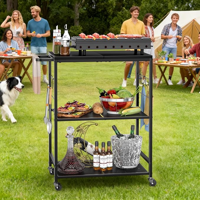 DAOUTIME Grill Cart for Outside, 3-Tier BBQ Food Prep Rolling Table Cart, with 23.62" Lx 15.75" W Rust-Resistant Tabletop, Outdoor Pizza Oven Table Ideal for Patio Backyard Kitchen Tools Room