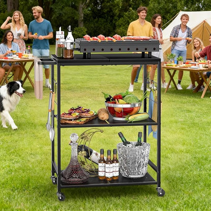 DAOUTIME Grill Cart for Outside, 3-Tier BBQ Food Prep Rolling Table Cart, with 23.62" Lx 15.75" W Rust-Resistant Tabletop, Outdoor Pizza Oven Table Ideal for Patio Backyard Kitchen Tools Room