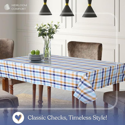 Gingham Tablecloth 52"x70" Cotton Washable Table Cover for Indoor Outdoor Dining, Holiday Events, BBQ, Everyday Table Settings, Indigo Blue, Mustard Yellow, Aqua Blue White