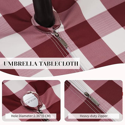Poise3EHome Square Outdoor Tablecloth with Umbrella Hole and Zipper,Burgundy Checkered 60x60 Inch,SpillProof Washable Table Cloth for Spring Summer Patio Garden Poolside Picnic Camping BBQS
