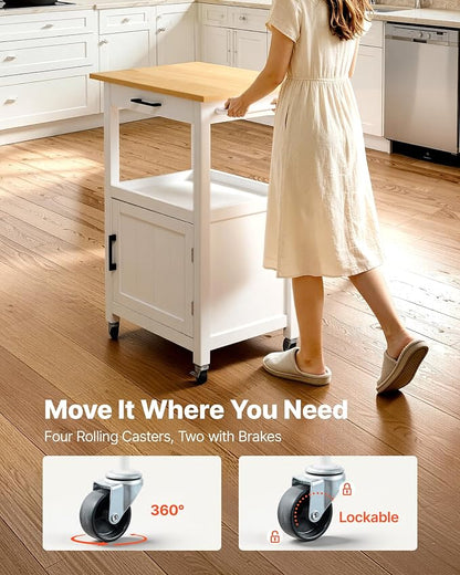 VEVOR Kitchen Island Cart with Single Door Cabinet, Mobile Carts with Drawer, Towel Rack, Hooks, Portable Table on Swivel Wheels, Small Coffee Islands Microwave Stand for Dining Room, 18x23 in, White
