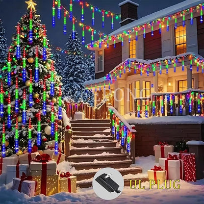 Weepong Meteor Shower Outdoor Christmas Lights 32 Tube 768LEDs Snow Falling Rain Cascading Icicle Light for Christmas Halloween Tree Decorations Wedding Party Garden Decor, UL Plug Multi Color