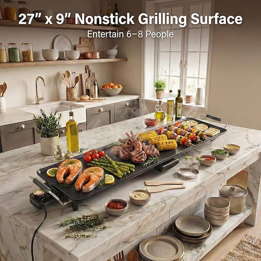 SIMOE 27" Electric Griddle, Nonstick Teppanyaki Grill with 4-Level Adjustable Temperature, Insulated Handles & Drip Tray, Indoor Outdoor Large BBQ Grill for Party, Home, Camping