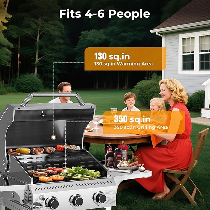 Cowsar Stainless Steel 3-Burner Propane Gas Grill, 24000BTU Last-Long BBQ Grill with Foldable Side Table, Stainless Steel Grate, Barbecue Grill for Outdoor Cooking, Backyard, Patio, Garden, Deck