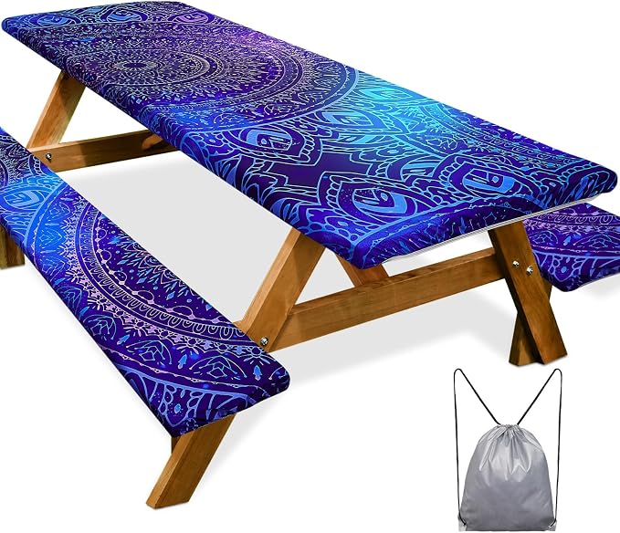 Picnic Table Cover Bench Covers Camping Essentials Tablecloth | Waterproof Vinyl for Outdoor, Windproof Elastic Fitted Edges, RV BBQ Accessories Must Haves, Storage Bag Included
