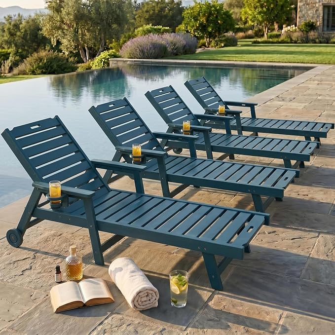 Garvee Lounge Chair Outdoor Set of 4 with Wheels & 5-Position Adjustable Backrest, Oversized Chaise Lounge with 2 Move Handle, HDPE Lounge Chair w/Detachable Cup Holder, for Patio, Pool,Navy Blue