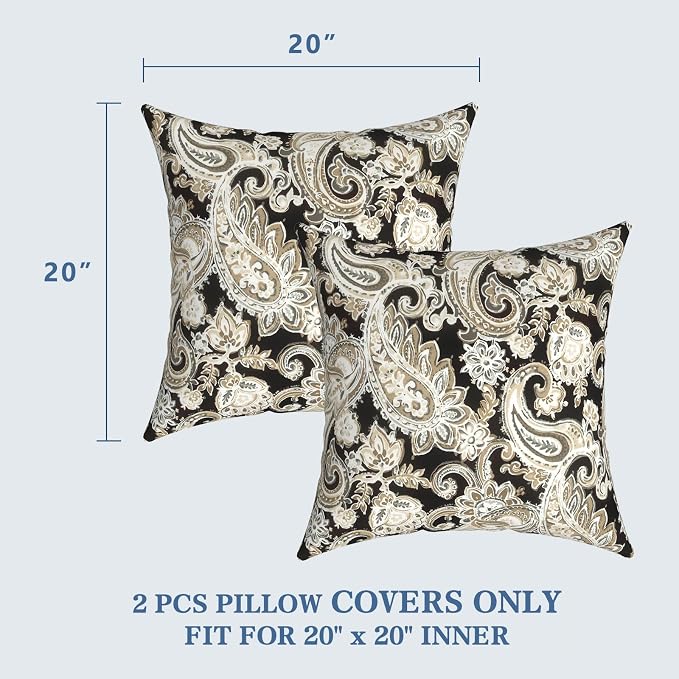 LVTXIII Outdoor Pillow Covers 20x20 Inch, 2 Pack Large Square Throw Pillow Cases, Fade-Resistant Cushion Covers for Patio Furniture Sofa, Garden Porch, Paisley Black