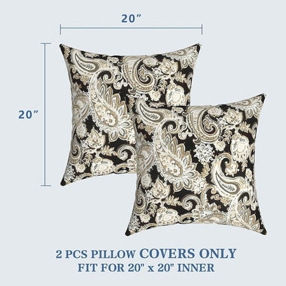 LVTXIII Outdoor Pillow Covers 20x20 Inch, 2 Pack Large Square Throw Pillow Cases, Fade-Resistant Cushion Covers for Patio Furniture Sofa, Garden Porch, Paisley Black
