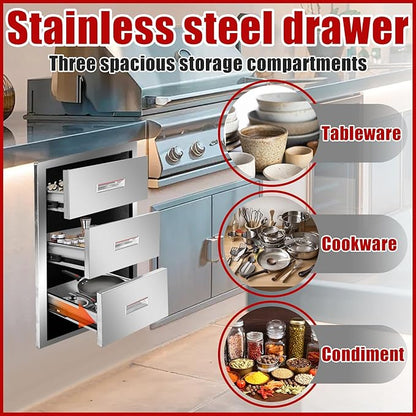 Outdoor Kitchen Triple Layer Drawer 15.75'' W x 29'' H x 20.5'' D Flush Mount BBQ Access Drawer Stainless Steel BBQ Island Drawers with Handle Suitable for Outdoor Kitchen Island Grill Station