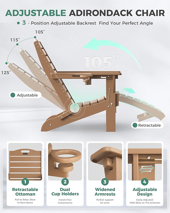 Adjustable Adirondack Chairs Set of 4 with Retractable Ottoman, HDPE Folding Adirondack Chair with Cup Holders, Weather Resistant for Backyard, Poolside & Fire Pit (Teak)