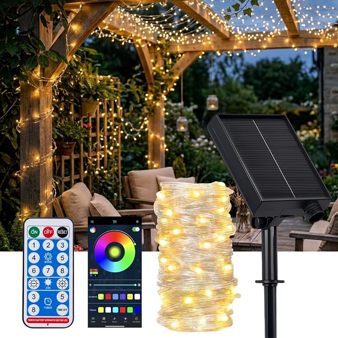 Solar String Lights, 33FT 100LED Warm White | IP65 waterproof, solar powered, 8 lighting modes. Fairy lights for garden, patio, backyard, tree, party decoration.