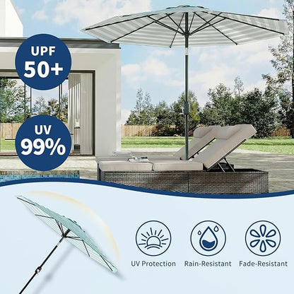 Garvee 9FT Outdoor Patio Umbrella 8 Sturdy Ribs Outdoor Table Umbrella with Crank Lift & Push Button Tilt UV Protection Waterproof Market Umbrellas for Pool Deck Yard, Turquoise & White Stripes