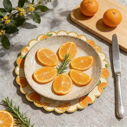 100 Pcs Orange Paper Placemats Orange Fruit Place Mats 13.5 Inch Disposable Round Decorative Dining Table Mat with Scalloped Edge for Spring Summer Picnic BBQ Birthday Bridal Wedding Party Supplies