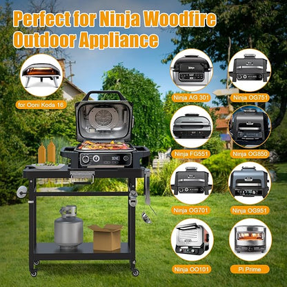 SafBbcue Grill Table for Ninja, Grill Stand for Ninja Woodfire OG700 OG800 OG900 Series & OO101, Portable Outdoor Grill Stand, Foldable Cart Table with Wheels for Ninja, Double-shelf, Hooks