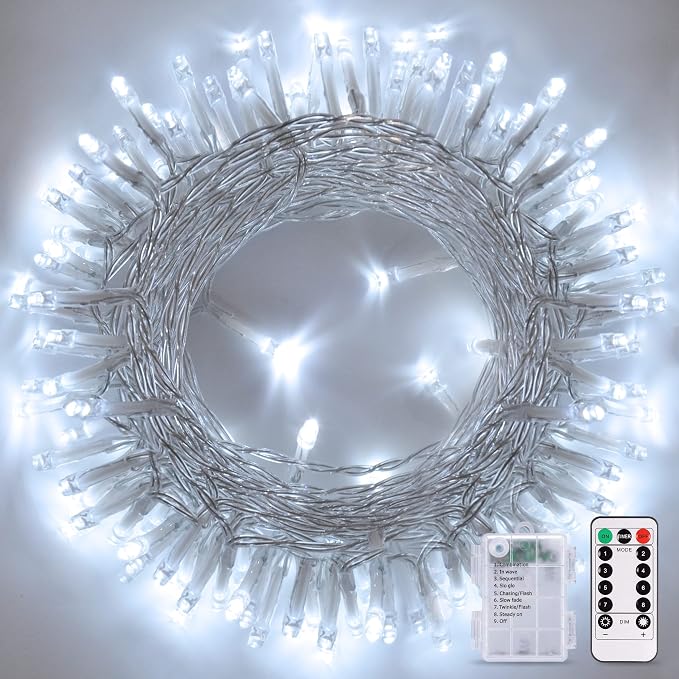 JMEXSUSS 33ft 100 LED White String Lights Battery Operated with Remote | Battery Christmas Lights, 8 Modes Outdoor Indoor Fairy String Lights for Bedroom Wedding Tree Yard Porch XMAS