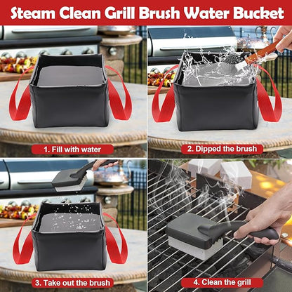 Grill Brush Water Bucket, AHIER Collapsible Dunk Tank Grill Brush Heads Water Bucket for Stainless-Steel Grates (Red)