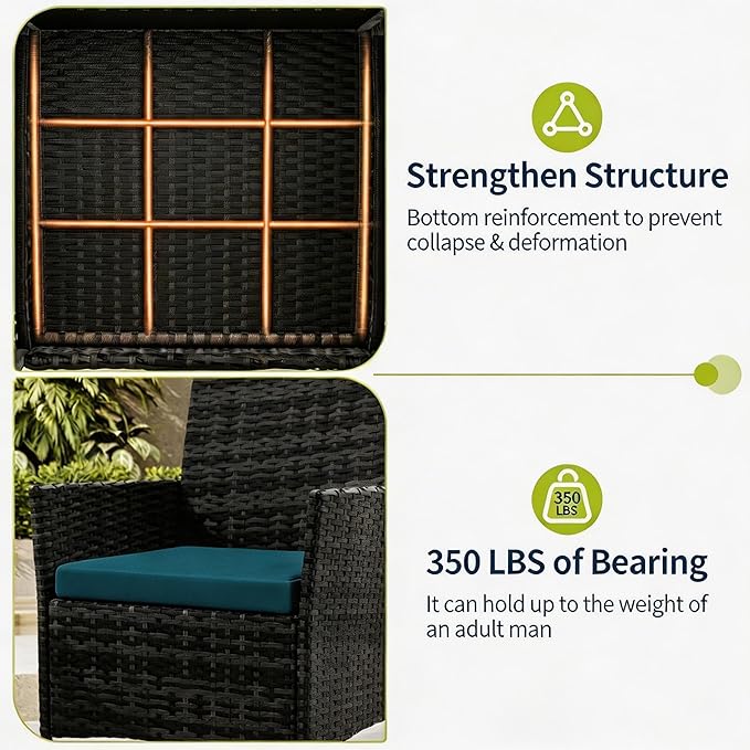 3-Piece Outdoor Furniture Set, PE Rattan Wicker Chairs with Soft Cushions & Tempered Glass Coffee Table - All-Weather Patio Set for Garden, Backyard, Porch, Poolside (Black/Green)