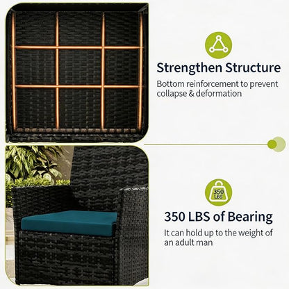 3-Piece Outdoor Furniture Set, PE Rattan Wicker Chairs with Soft Cushions & Tempered Glass Coffee Table - All-Weather Patio Set for Garden, Backyard, Porch, Poolside (Black/Green)